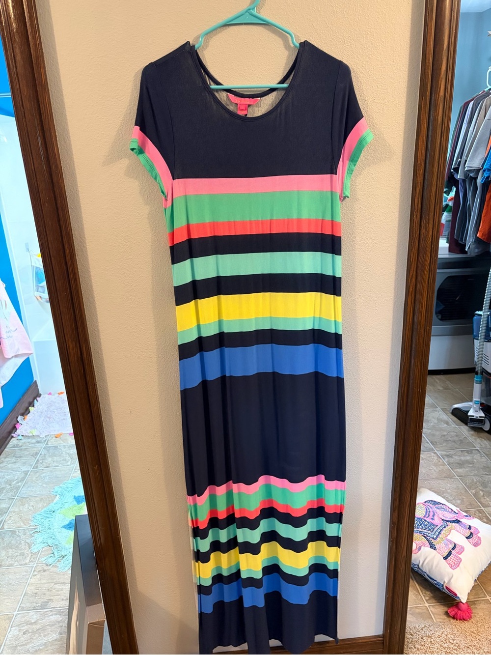 Lilly Pulitzer Navy Maxi Dress with Pink, Green, Yellow & Blue Stripes